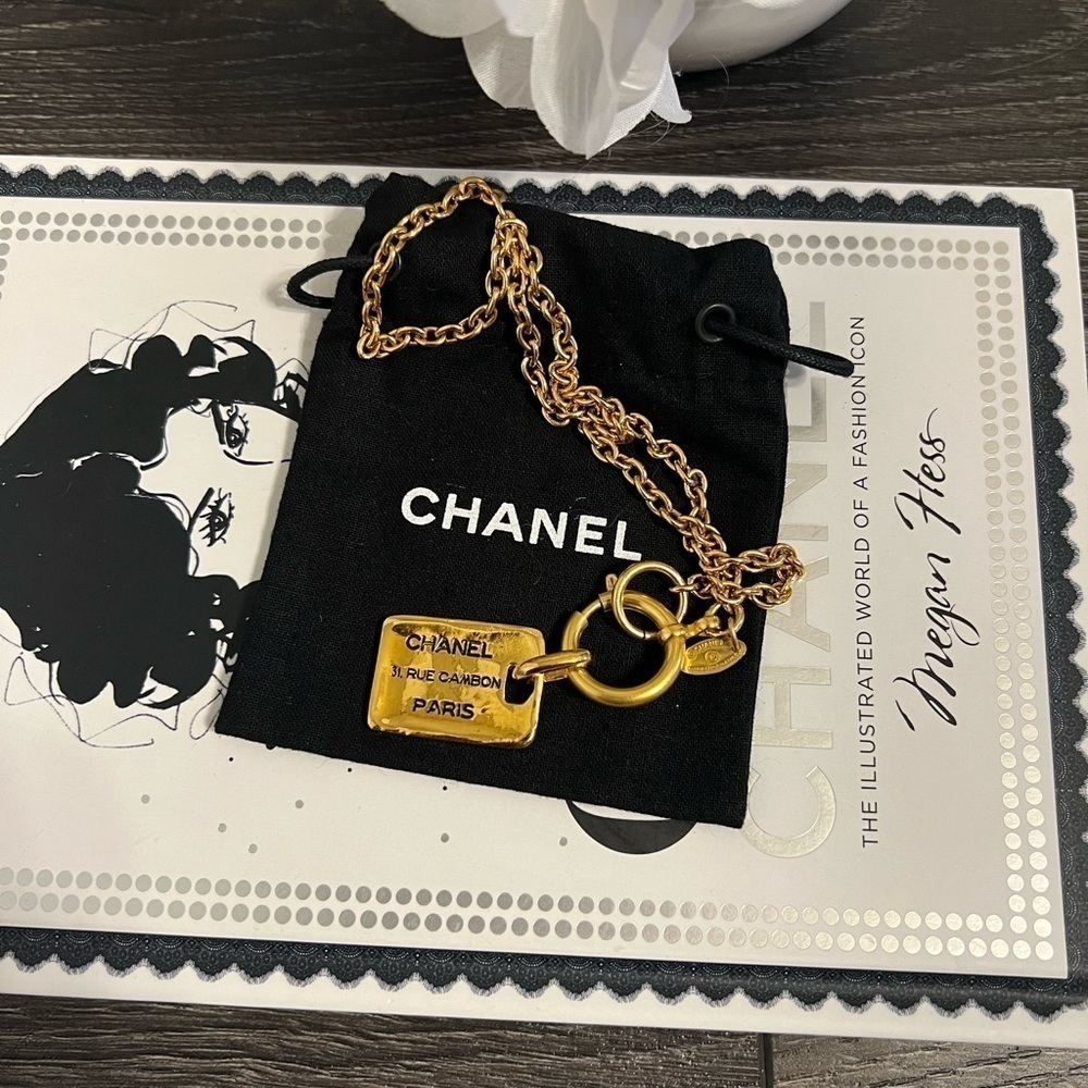 CHANEL Gold Plated Dog Tag Vintage Necklace